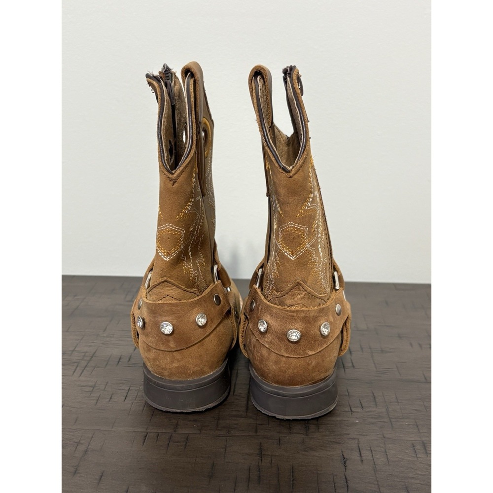 RW Brown Leather Western Boots Girls 16.5 US 9.5 Rhinestone Stud Ankle Harness - Picture 7 of 10